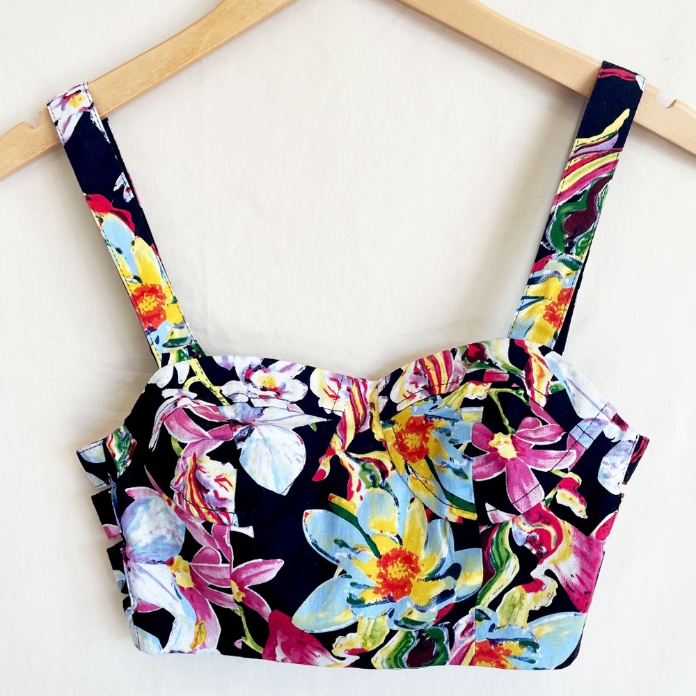 Tropical Print Cut Out Bustier Bralette Crop Top